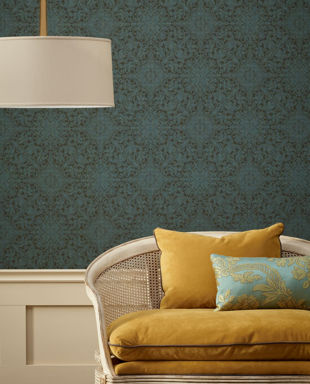 vicario jade blue commercial wallcovering with lamp